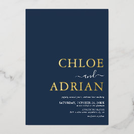 Eenvoudige Minimale Navy Blauwe Trouw Goud Folie Uitnodiging