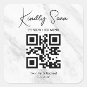 Eenvoudige minimale QR-code Bruiloft Menu Marmer Vierkante Sticker (Voorkant)