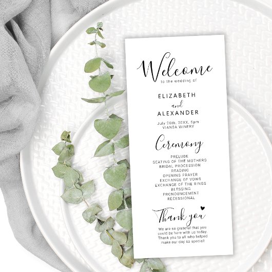 Eenvoudige minimale script hart bruiloft ceremonie programmakaart