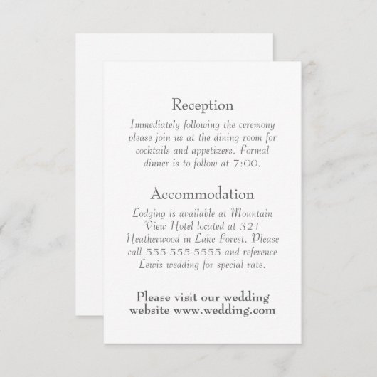 Eenvoudige, minimale, tekst-only bruiloft details informatiekaartje (Voorkant / Achterkant)