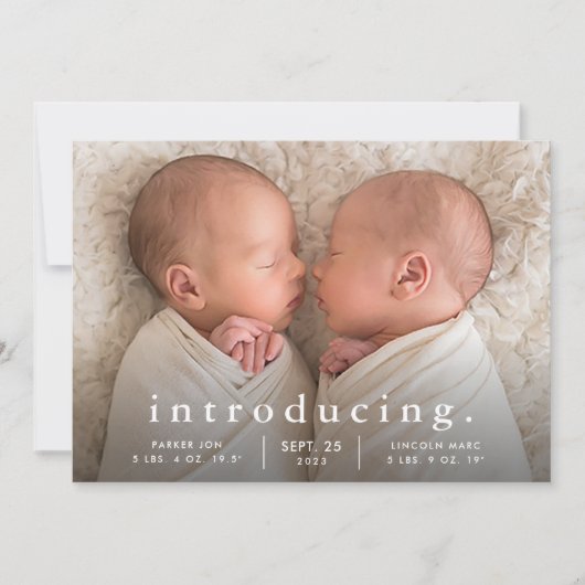 Eenvoudige Minimale Tweeling Foto Geboorte Aankondiging (Voorkant)