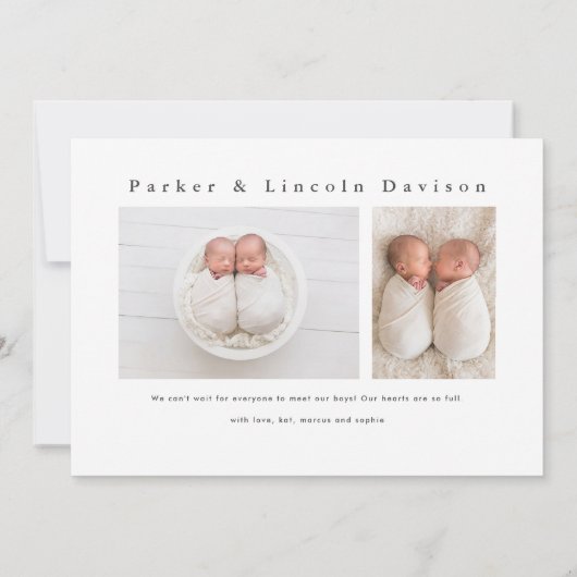 Eenvoudige Minimale Tweeling Foto Geboorte Aankondiging (Achterkant)