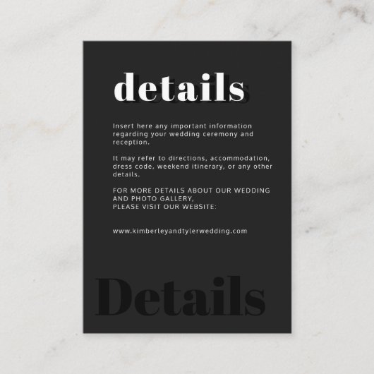 Eenvoudige minimale typografie zwarte bruiloft informatiekaartje (Voorkant)