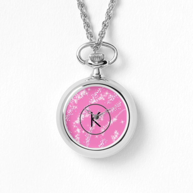 eenvoudige minimale witte monogram roze glitter wa horloge (Voorkant)