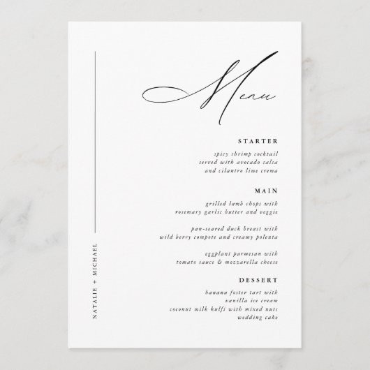 Eenvoudige minimale zwarte en witte moderne huweli menu (Voorkant)