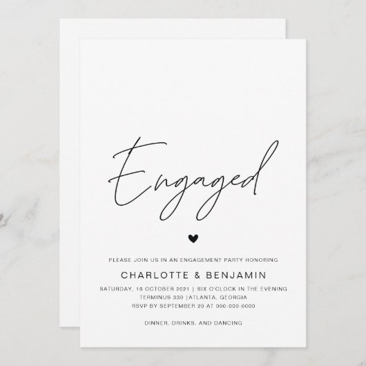 Eenvoudige Minimale Zwarte & Witte Engagement Part Kaart (Voorkant / Achterkant)