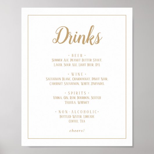 Eenvoudige minimalist|Gouden bruiloft Drinken Menu Poster (Voorkant)