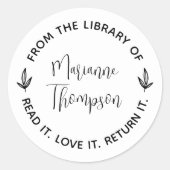 Eenvoudige minimalist laat script ronde bibliothee ronde sticker (Voorkant)