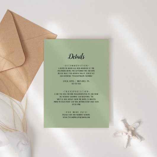 Eenvoudige minimalist|Sage Wedding Details Informatiekaartje