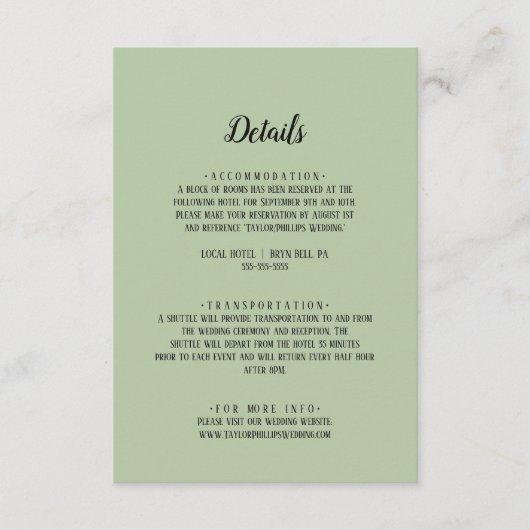 Eenvoudige minimalist|Sage Wedding Details Informatiekaartje (Voorkant)