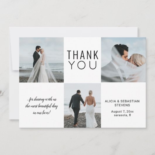 Eenvoudige minimalistische 4 foto collage bruiloft bedankkaart (Voorkant)