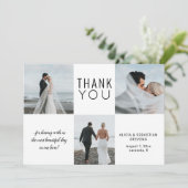 Eenvoudige minimalistische 4 foto collage bruiloft bedankkaart (Staand voorkant)
