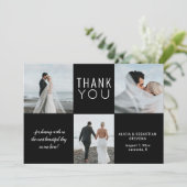 Eenvoudige minimalistische 4 foto collage zwart br bedankkaart (Staand voorkant)