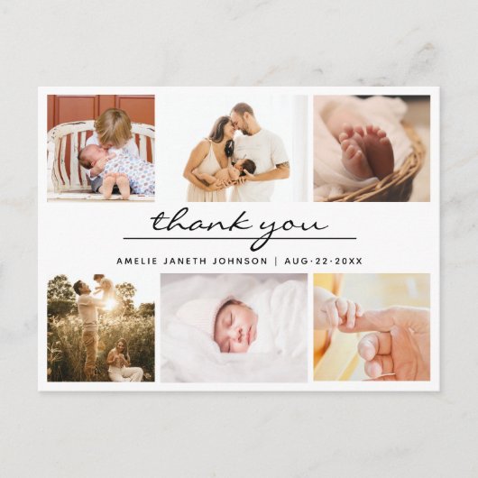 Eenvoudige minimalistische 6 fotocollage Baby dank Briefkaart (Voorkant)