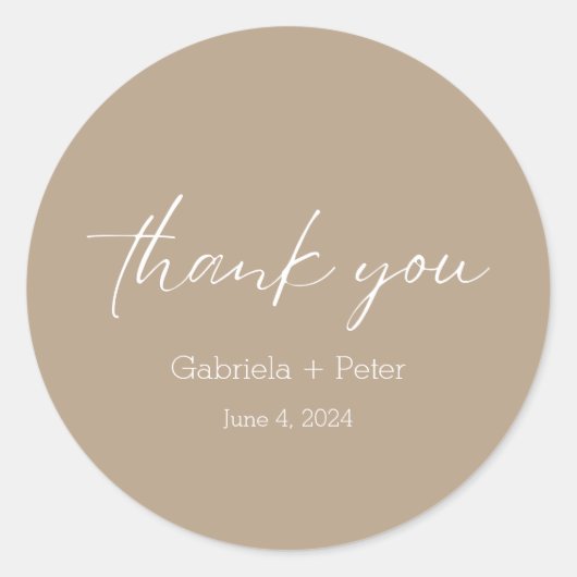Eenvoudige minimalistische beige bruiloft dank u ronde sticker (Voorkant)
