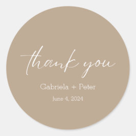 Eenvoudige minimalistische beige bruiloft dank u ronde sticker