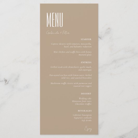 Eenvoudige minimalistische beige moderne bruiloft menu (Voorkant)