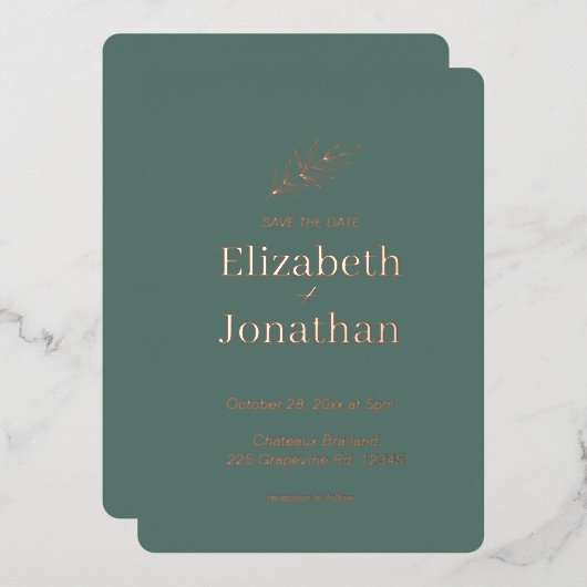 Eenvoudige minimalistische bladbruiloft met uitzon folie uitnodiging (Voorkant / Achterkant)