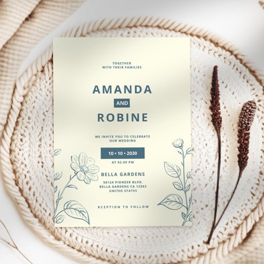 Eenvoudige minimalistische blauwe bloemen bruiloft kaart