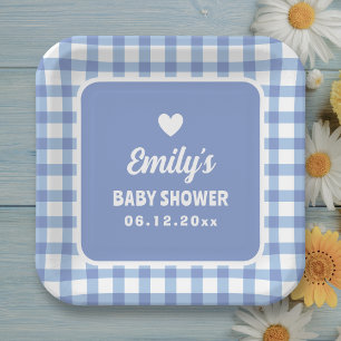 Eenvoudige Minimalistische Blauwe Gingham Jongens Papieren Bordje