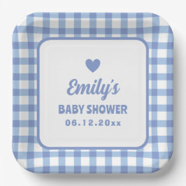 Eenvoudige minimalistische Blue Gingham Boy Baby s Papieren Bordje