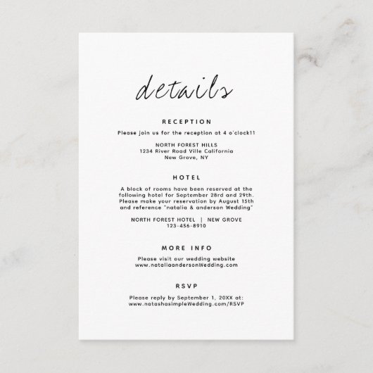 Eenvoudige minimalistische bruiloft details behuiz informatiekaartje (Voorkant)