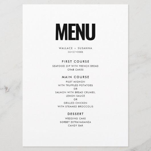 Eenvoudige minimalistische bruiloft menu (Voorkant)