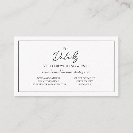 Eenvoudige minimalistische bruiloft website detail informatiekaartje (Voorkant)