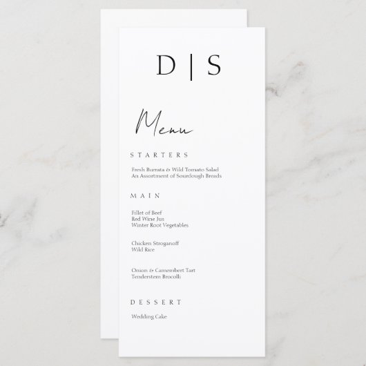 Eenvoudige minimalistische chique zwart-wit bruilo menu (Voorkant / Achterkant)