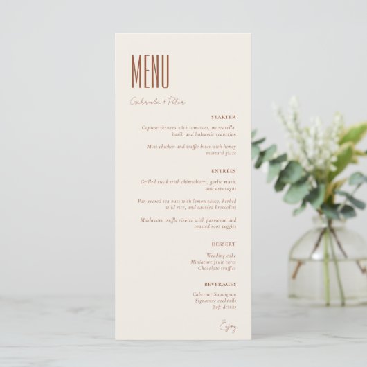 Eenvoudige minimalistische crème moderne bruiloft menu (Staand voorkant)
