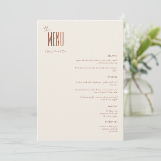 Eenvoudige minimalistische crème moderne bruiloft menu (Staand voorkant)