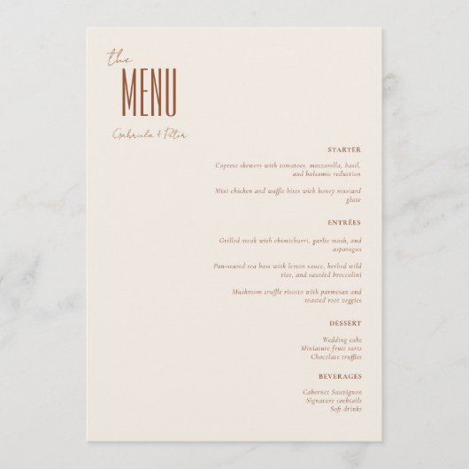 Eenvoudige minimalistische crème moderne bruiloft menu (Voorkant)