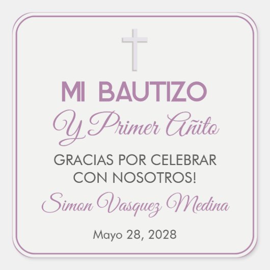 Eenvoudige minimalistische doop en eerste verjaard vierkante sticker (Voorkant)