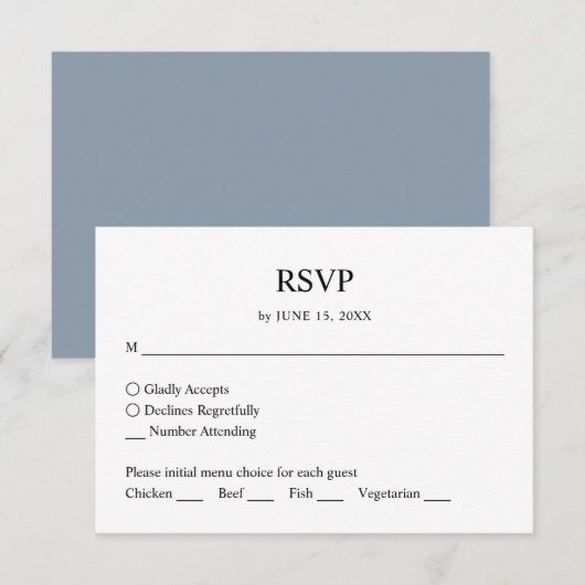 Eenvoudige minimalistische Dusty Blue Wedding RSVP (Voorkant / Achterkant)