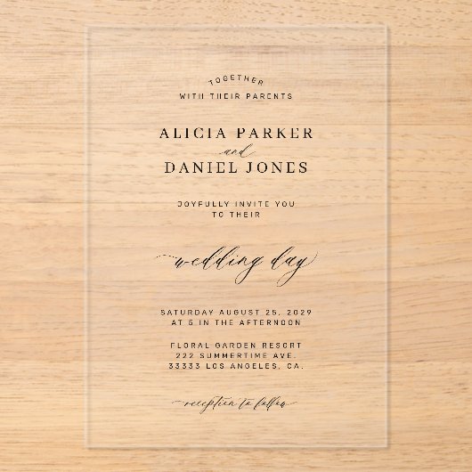 Eenvoudige minimalistische elegante script duideli acryl uitnodigingen (Voorkant)