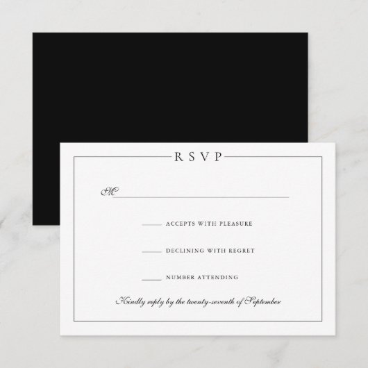 Eenvoudige minimalistische elegante zwart-witte br RSVP kaartje (Voorkant / Achterkant)