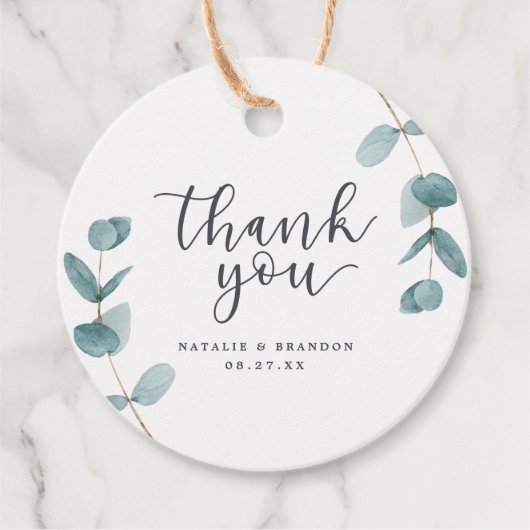 Eenvoudige minimalistische eucalyptus & script dan bedankjes labels (Voorkant)