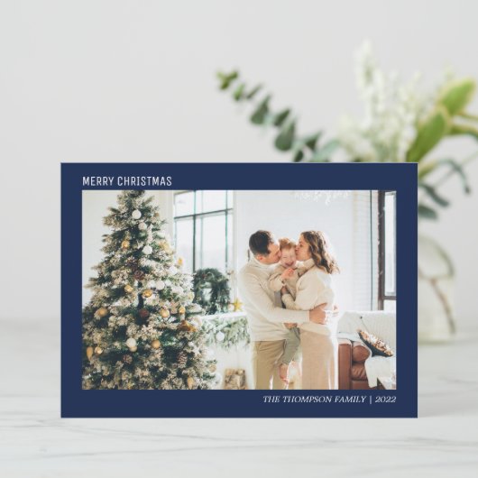 Eenvoudige minimalistische fotomarineblauw kerstfe feestdagenkaart (Staand voorkant)