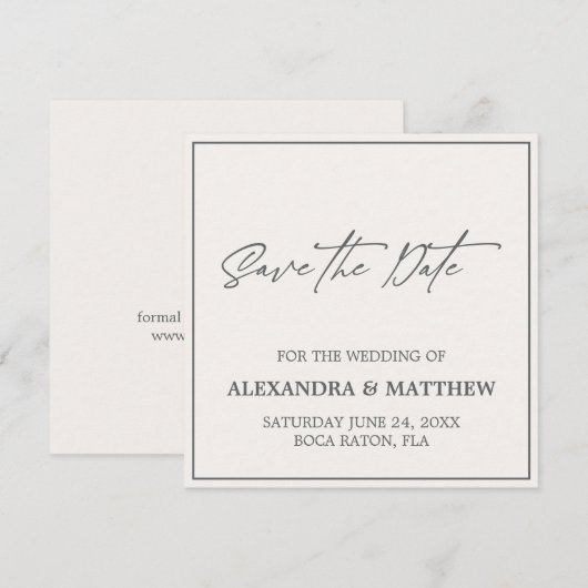 Eenvoudige minimalistische grijze typografie save the date (Voorkant / Achterkant)