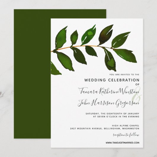 Eenvoudige Minimalistische Groene Blad Elegant Bru Kaart (Voorkant / Achterkant)