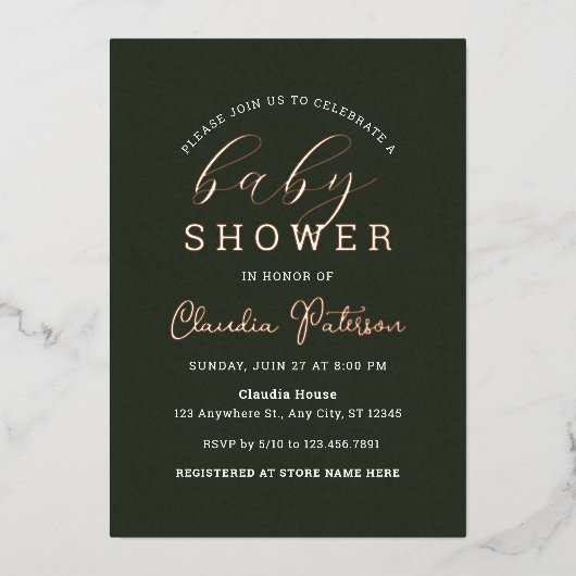 Eenvoudige Minimalistische Groene Elegante Oranje  Folie Uitnodiging (Voorkant)