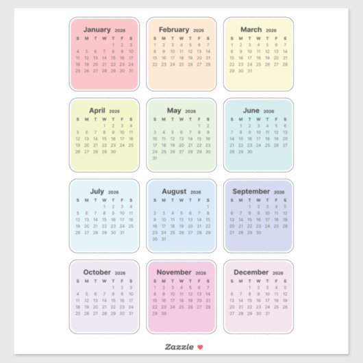 Eenvoudige minimalistische kalender 2026 Maandelij Sticker (Vel)