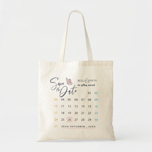 Eenvoudige minimalistische kalenderbruiloft bespaa tote bag (Voorkant)