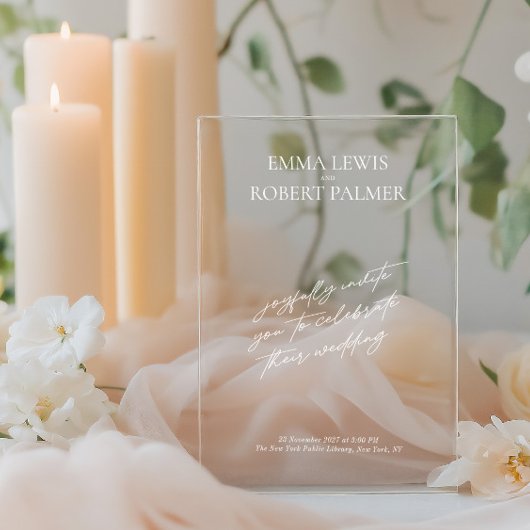 Eenvoudige minimalistische kalligrafie bruiloft acryl uitnodigingen