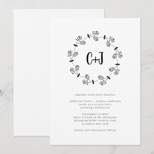 Eenvoudige minimalistische krans rustieke monogram kaart (Voorkant / Achterkant)