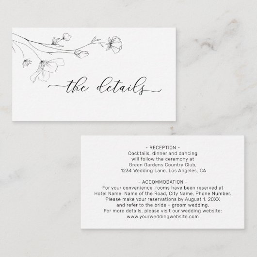 Eenvoudige minimalistische line Floral Wedding Det Informatiekaartje (Voorkant / Achterkant)