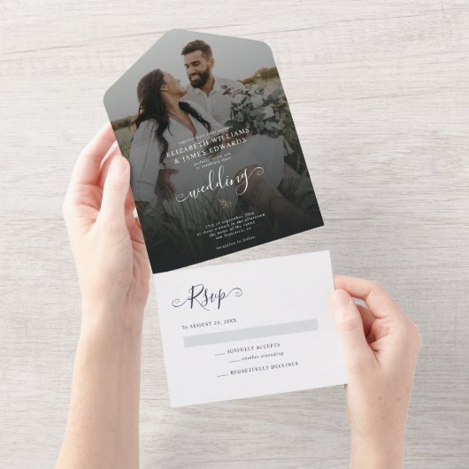 Eenvoudige minimalistische marine blauwe bohemian  all in one uitnodiging (Afscheurbaar)