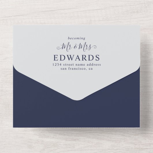 Eenvoudige minimalistische marine blauwe bohemian all in one uitnodiging (Achterkant)