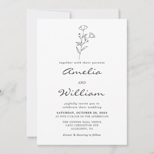 Eenvoudige minimalistische moderne bloemen schets  kaart (Voorkant)