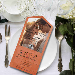 Eenvoudige minimalistische Oranje zwarte foto QR-c All In One Uitnodiging